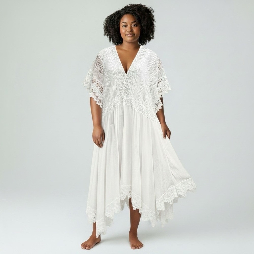 Roman's Woman's Crochet Sheer White Lace Maxi Dress 20W High Low Romantic Flowy